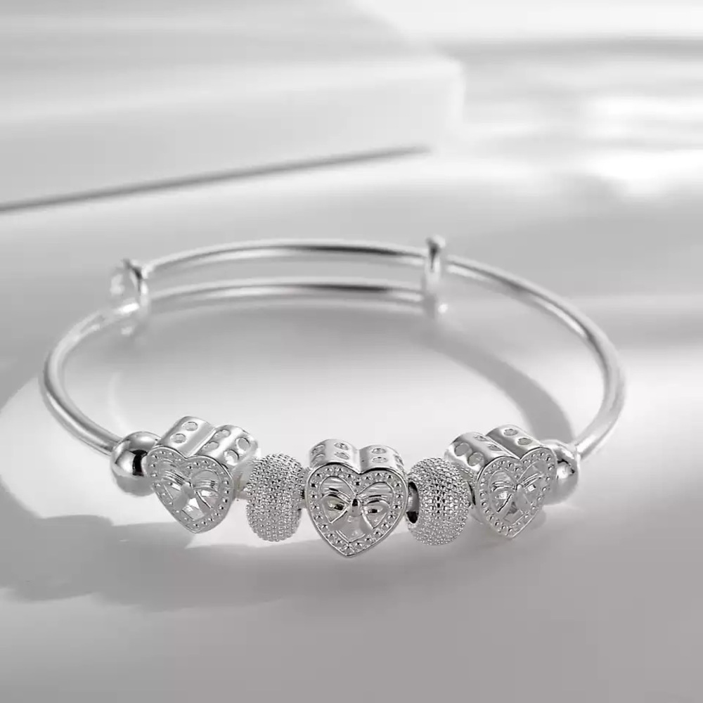 Silver Plated Heart Charm Bangle Bracelet - Elegant Women's Jewelry